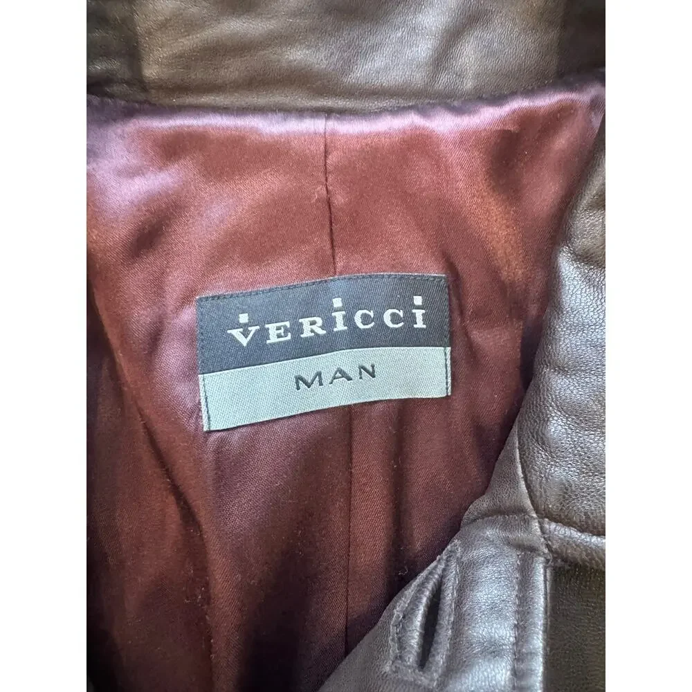 Vericci Man Brown Leather Trench Coat Full Length Duster Jacket Mens Size Large